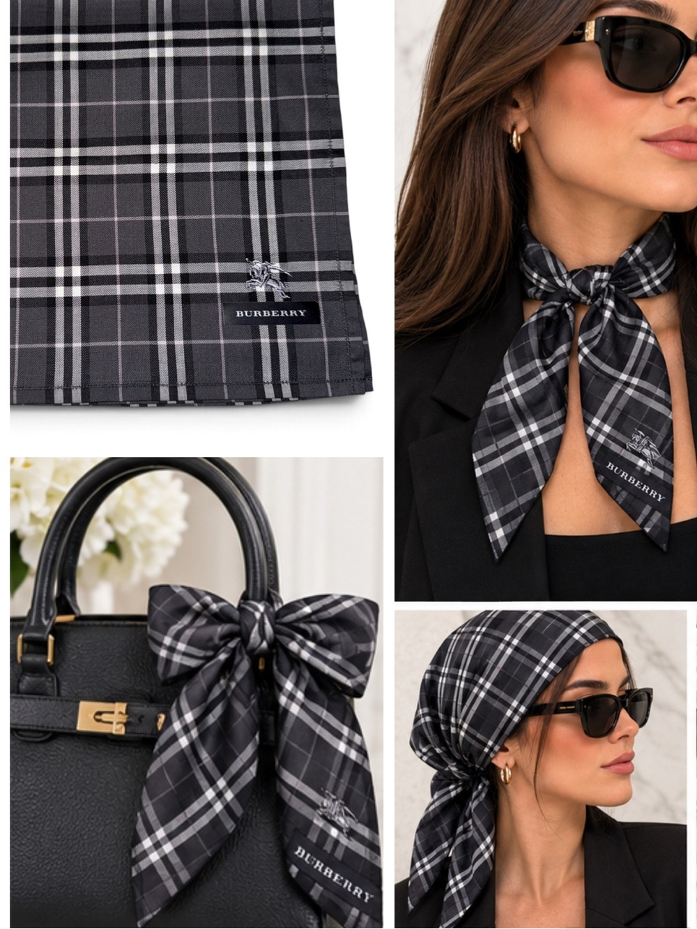 Burberry Charcoal Grey Plaid Check Cotton Bandana Handkerchief Square 19x19